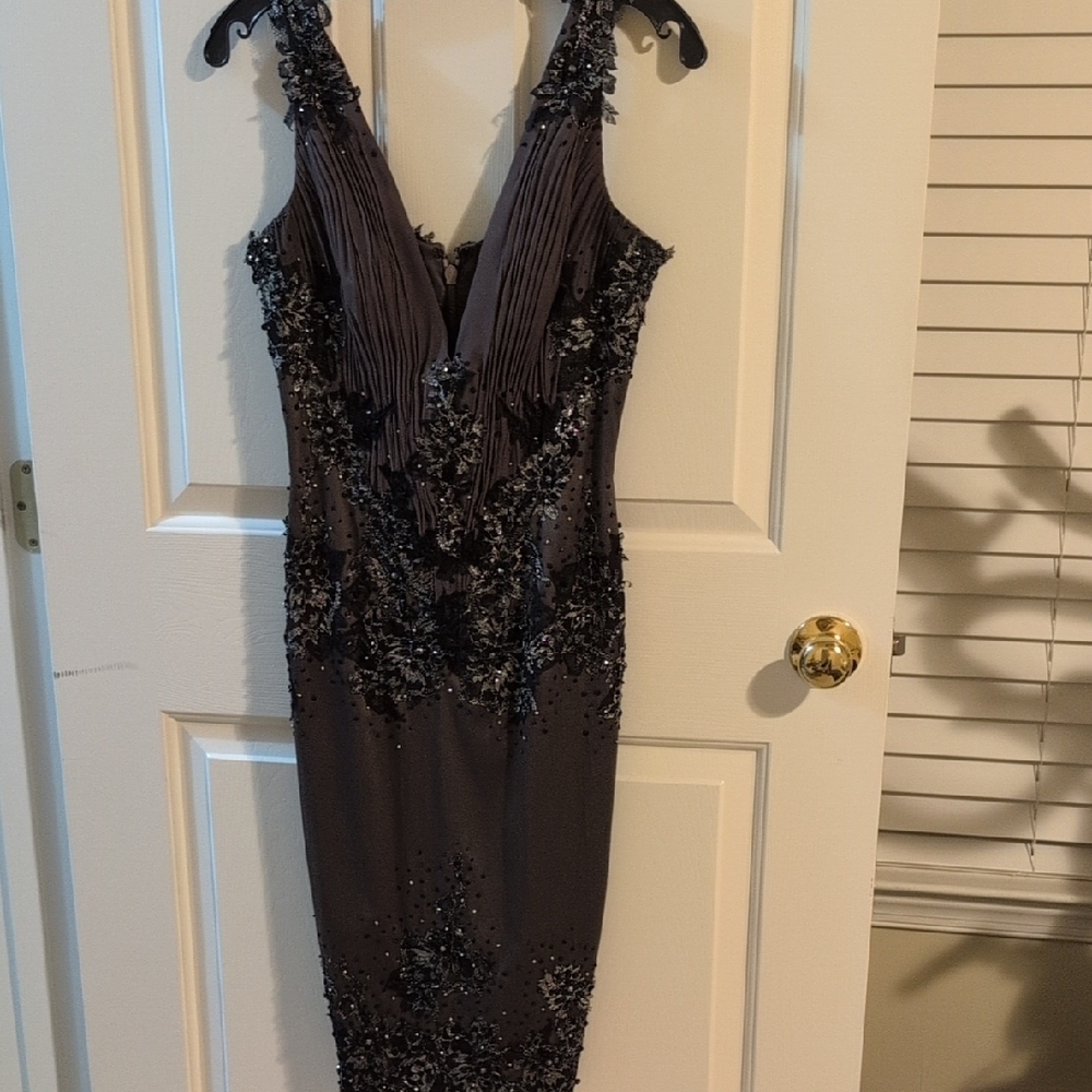Sophisticated Charcoal Embellished Midi Dress